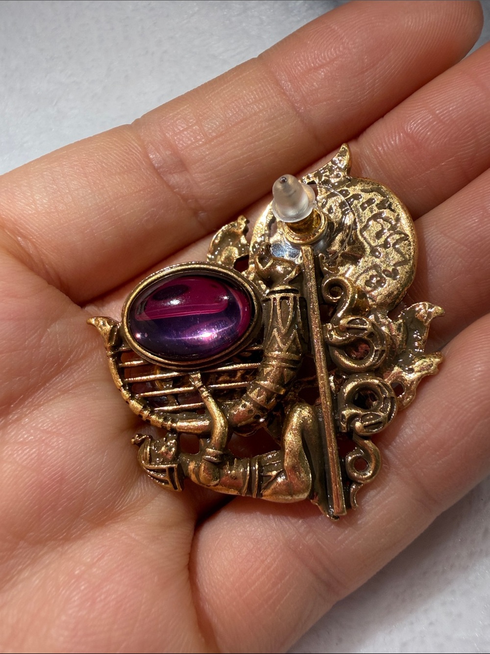 Kenneth Jay Lane Gold-Tone Egyptian Harp Earrings with Purple Cabochons - Picture 5 of 6